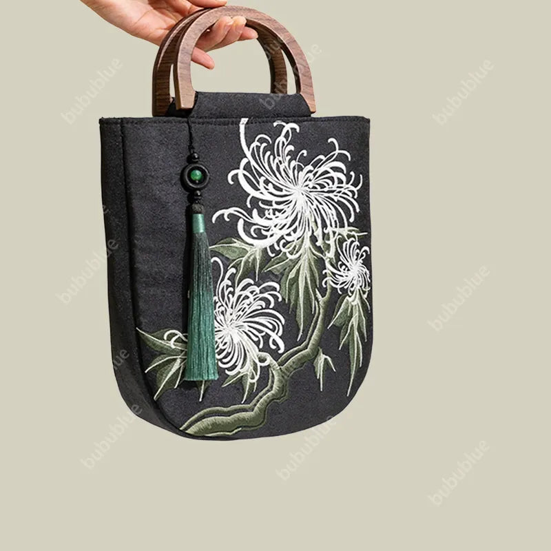 Vintage Chrysanthemum Embroidery Tote Bag with Wooden Handle