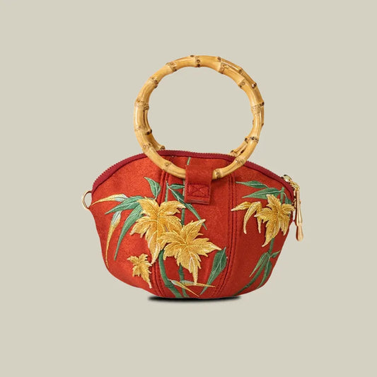 Maple Leaf Embroidered Pumpkin Handbag with Bamboo Handle