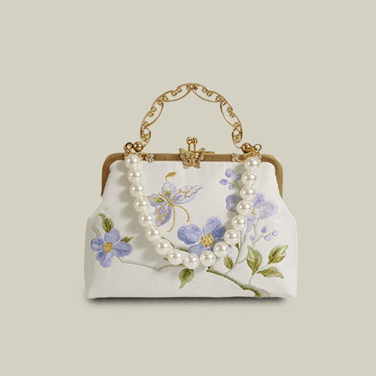 Butterfly Embroidered White Handbag with Metal Kiss-Lock