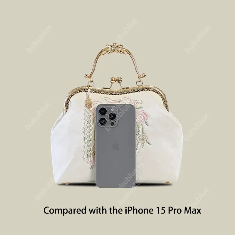 Vintage Rose Embroidered Handbag with Pearl Tassel & Gold Handle