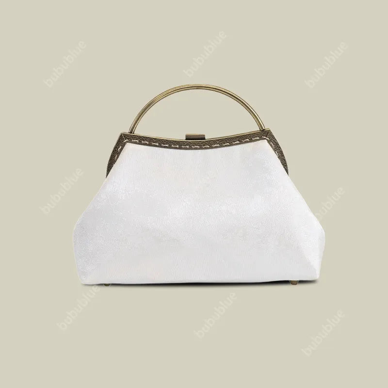 Orchid Embroidery White Handbag With Round Metal Handles