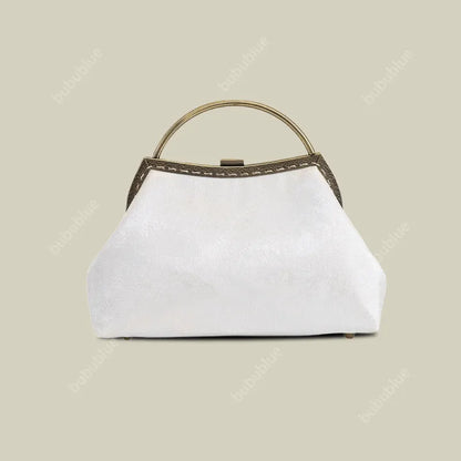 Orchid Embroidery White Handbag With Round Metal Handles