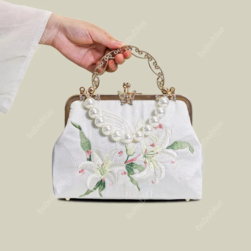 Lily Embroidered Pearl Handle Vintage Evening Clutch with Butterfly Kiss Lock
