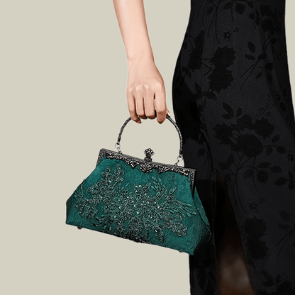 Emerald Embroidery Luxury Elengant  Handbags With Vintage Metal Handle