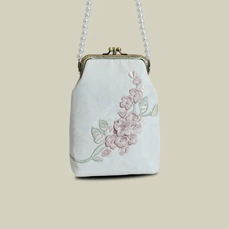 Begonia Embroidery Vintage Crossbody Phone Bag with Kiss Lock
