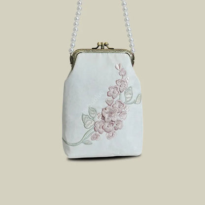 Begonia Embroidery Vintage Crossbody Phone Bag with Kiss Lock
