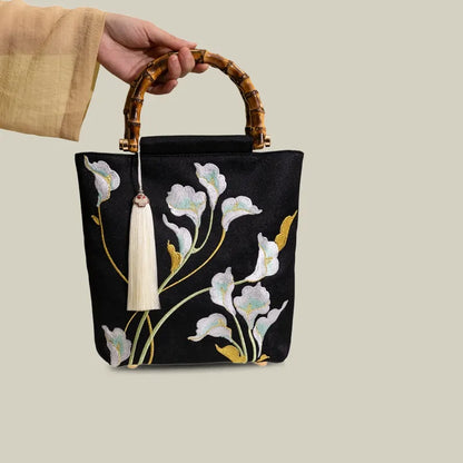 Embroidered Calla Lily Tote Bag with Wooden Handle