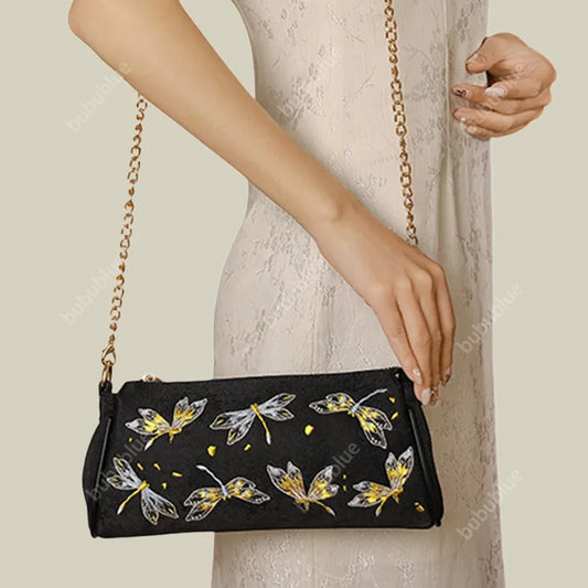 Elegant Butterfly Embroidered Handmade Black Handbag