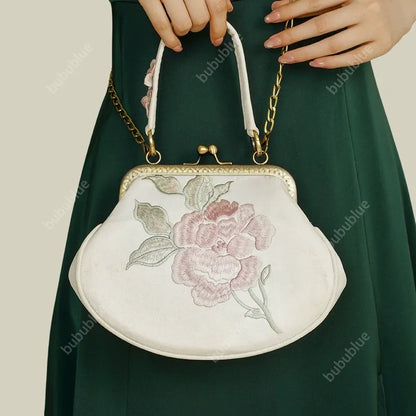 Vintage Begonia Embroidered Shell Satin Handbag with Pearl Chain
