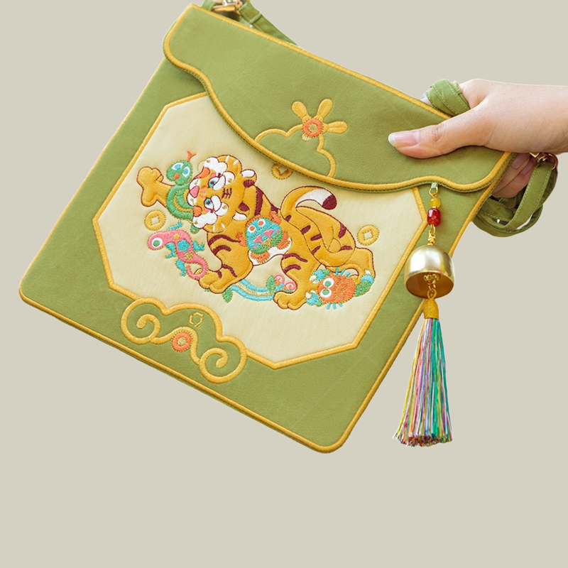 Green Cute Tiger Embroidered Crossbody Messenger Bag
