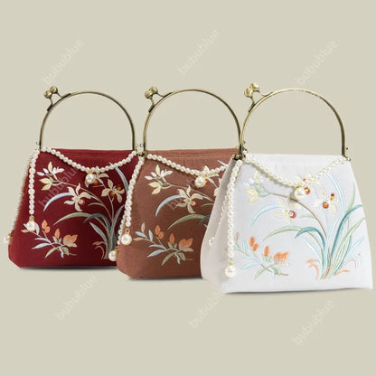 Cotton And Linen Orchid Embroidery Handbag With Pearl Chain (White/Red/Orange-Brown)
