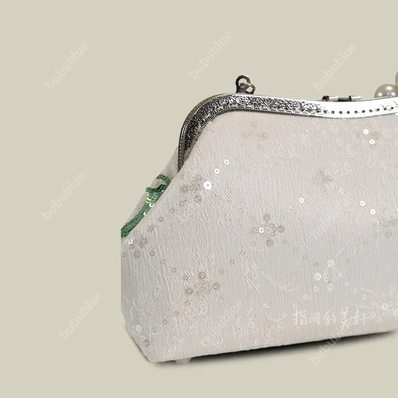 Emerald Green Floral Embroidered Clutch Bag With Pearl Handle
