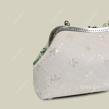 Emerald Green Floral Embroidered Clutch Bag With Pearl Handle