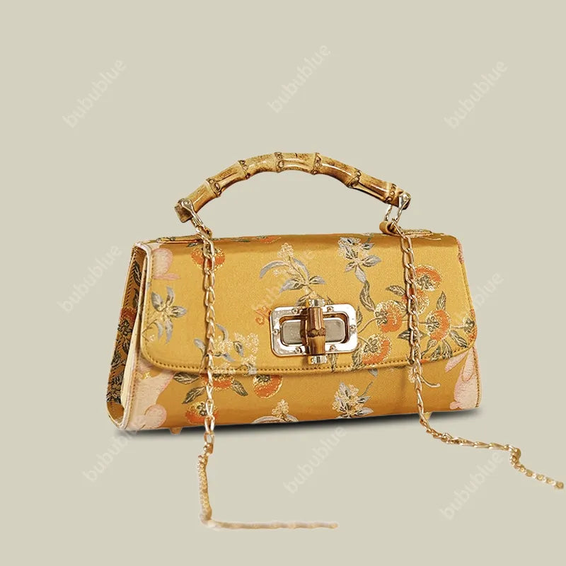 Vintage Gold Brocade Boston Evening Purse with Bamboo Handle