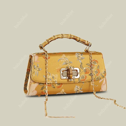 Vintage Gold Brocade Boston Evening Purse with Bamboo Handle