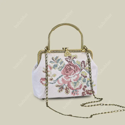 Vintage Rose Embroidered Purse with Metal Handle