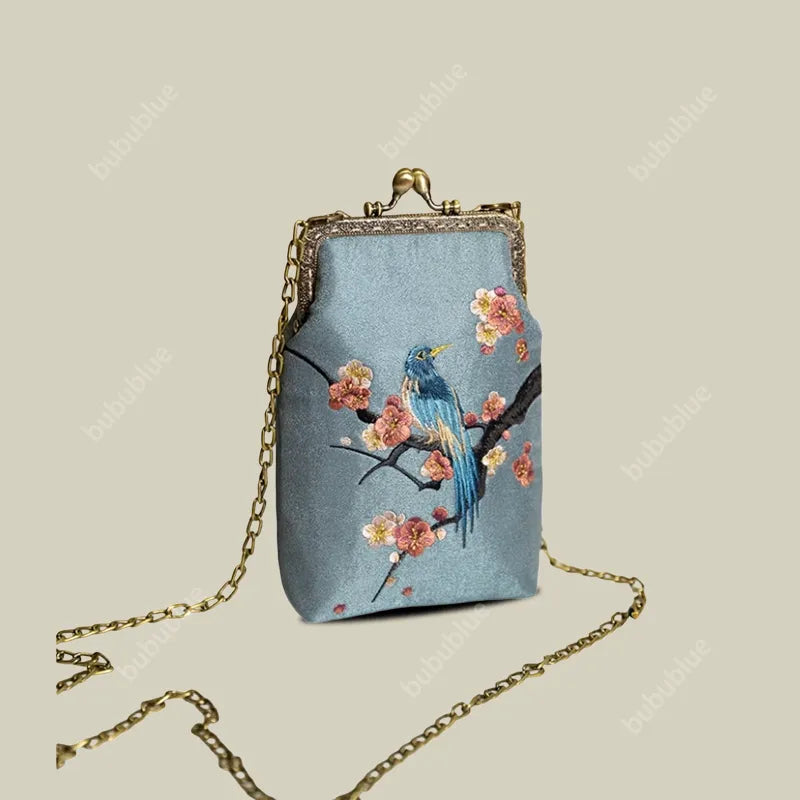 Magpie Embroidered Crossbody Phone Bag with Pearl Handle