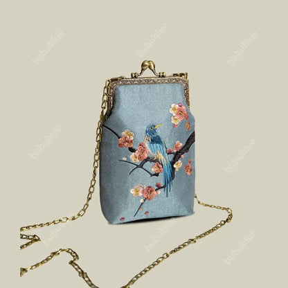Magpie Embroidered Crossbody Phone Bag with Pearl Handle