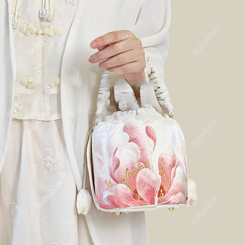 Peony Embroidered Vintage Bucket Bag with Drawstring Closure
