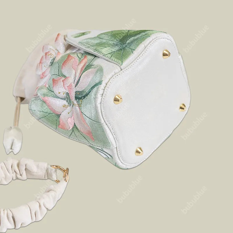 Lotus Embroidered Vintage Drawstring Green Bucket Bag with Soft Handle
