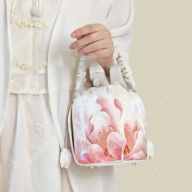 Peony Embroidered Vintage Bucket Bag with Drawstring Closure