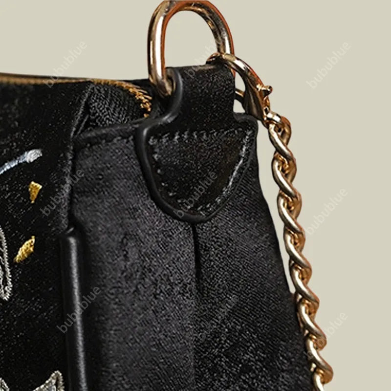 Elegant Butterfly Embroidered Handmade Black Handbag