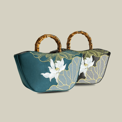 Lotus Embroidery Bamboo Handle Tote Bag