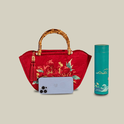 Red Peony Bloom Embroidered Tote Bag with Bamboo Handle