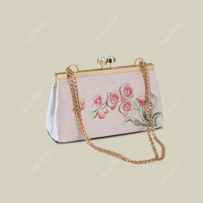 Orchid Vintage Embroidered Pink Handbag with Pearl Kiss