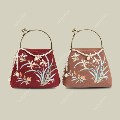 Cotton And Linen Orchid Embroidery Handbag With Pearl Chain (White/Red/Orange-Brown)