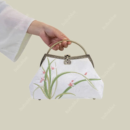 Orchid Embroidery White Handbag With Round Metal Handles