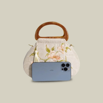 Peony Bloom White Embroidered Handbag with Wooden Handle