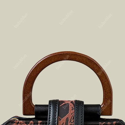 Bamboo Leaf Print Wooden Handle Shell Bag with Crossbody Strap