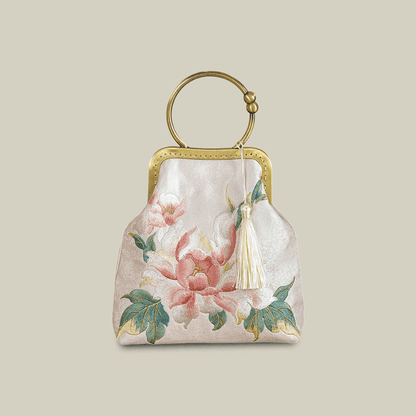 Peony Embroidered White Handbag with Metal Kiss-Lock
