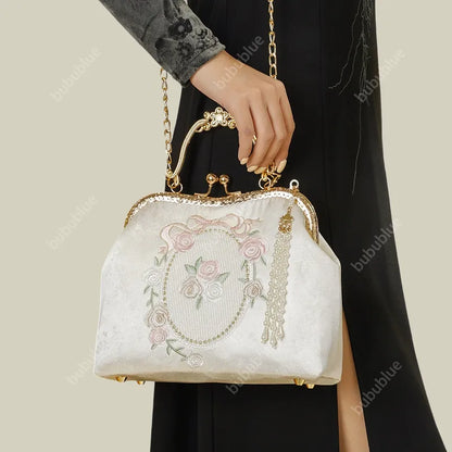 Vintage Rose Embroidered Handbag with Pearl Tassel & Gold Handle