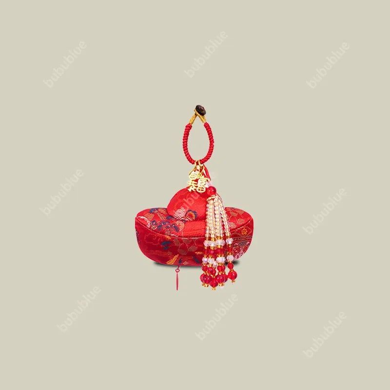Song Brocade Ingot-Shaped Lucky Sachet Pendant With Rice Bead Tassels