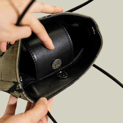 Ink Bamboo Printed Green Bucket Bag with Leather Strap
