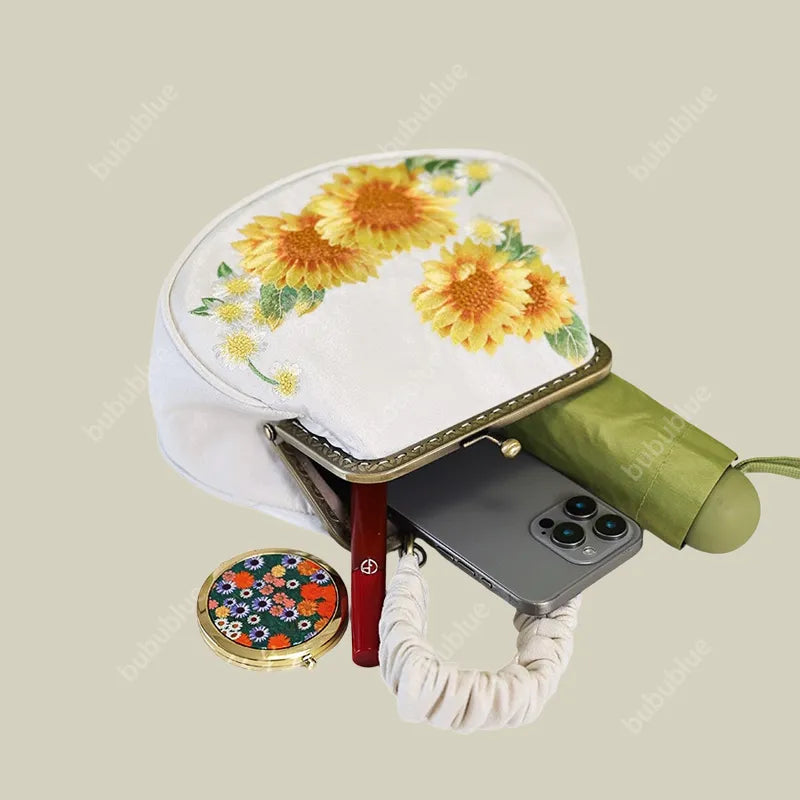 Sunflower Embroidered  Vintage Shell Purse with Kiss Lock