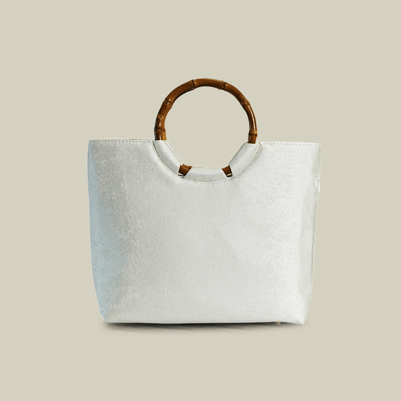 Bamboo Embroidered White Tote Bag with Bamboo Handle
