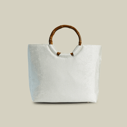 Bamboo Embroidered White Tote Bag with Bamboo Handle