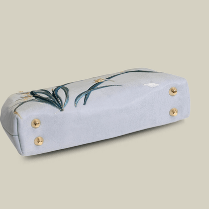 Orchid Embroidered Pearl Handle Handbag with Metal Lock
