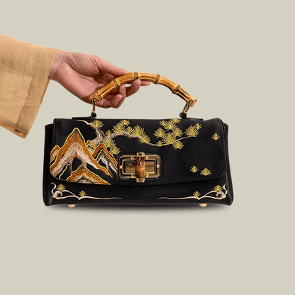 Mountain Pine Embroidered Boston Bag with Bamboo Handle