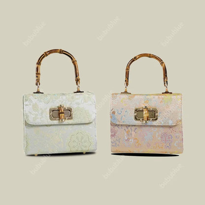 Gold Brocade Square Clutch Box with Bamboo Handle