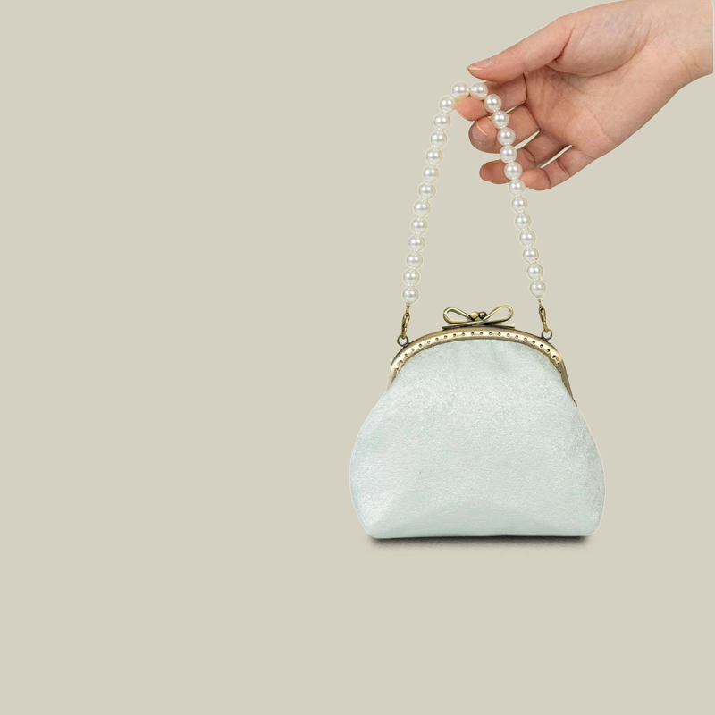 Pearl Chain Lily Embroidered Mini Purse with Bow Metal Kiss-Lock