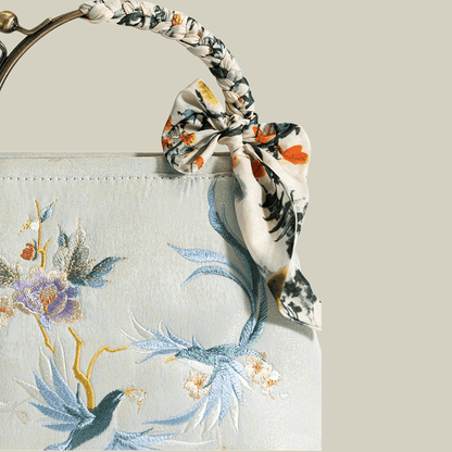 Kiss-Lock Embroidered Bird & Blossom Handbag with Silk Scarf