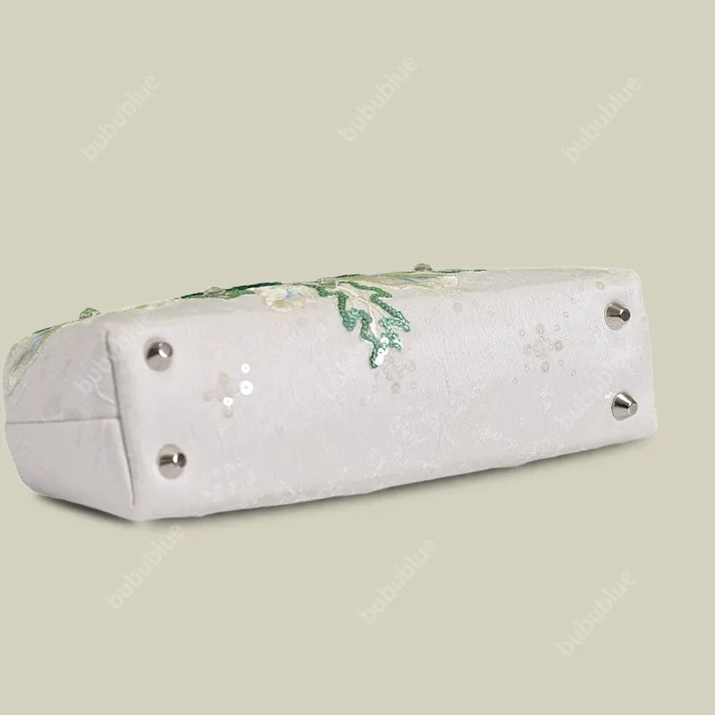 Emerald Green Floral Embroidered Clutch Bag With Pearl Handle