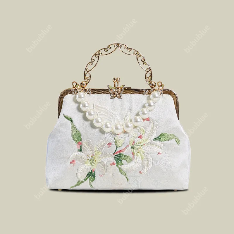 Lily Embroidered Pearl Handle Vintage Evening Clutch with Butterfly Kiss Lock