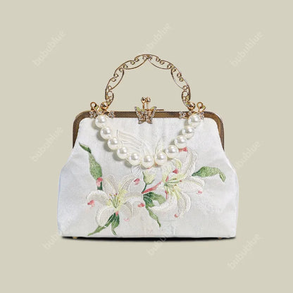Lily Embroidered Pearl Handle Vintage Evening Clutch with Butterfly Kiss Lock