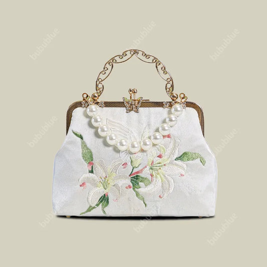 Lily Embroidered Pearl Handle Vintage Evening Clutch with Butterfly Kiss Lock