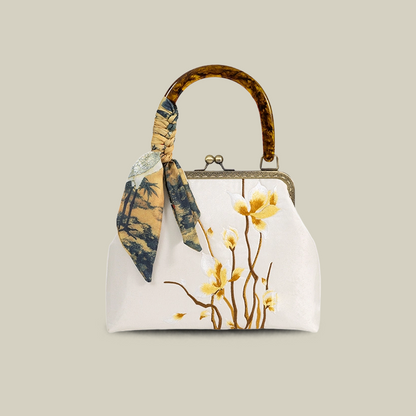 Floral Embroidered Kiss-Lock Handbag with Silk Scarf